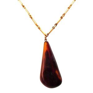 Vintage Gold-Tone Chain Necklace With  Acrylic/Lucite Amber-Colored Teardrop Pen